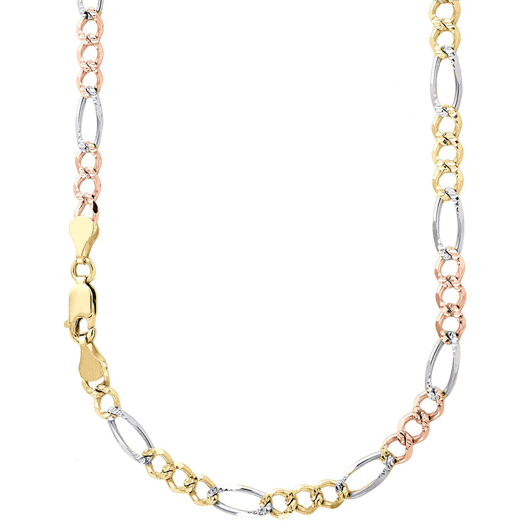 14K 3MM TRICOLOR GOLD HOLLOW FIGARO 24" CHAIN NECKLACE (AVAILABLE IN LENGTHS 7" - 30")