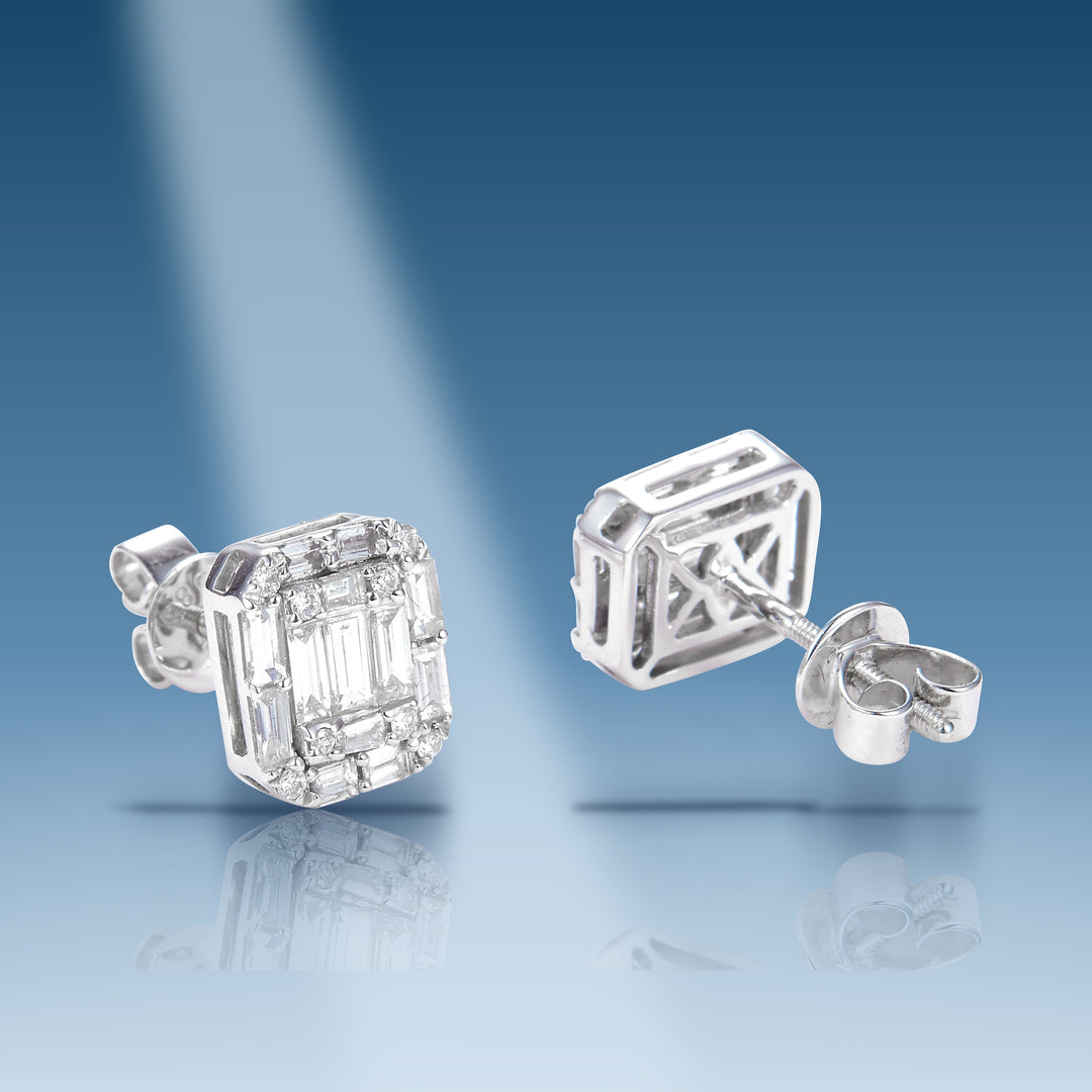 White gold diamond studs with baguettes earrings