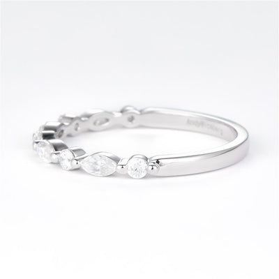 0.445 Ct. Moissanite Sterling Silver (White). Wedding Band with Marquise & Round Stones Ring. (Women). Size 7.5