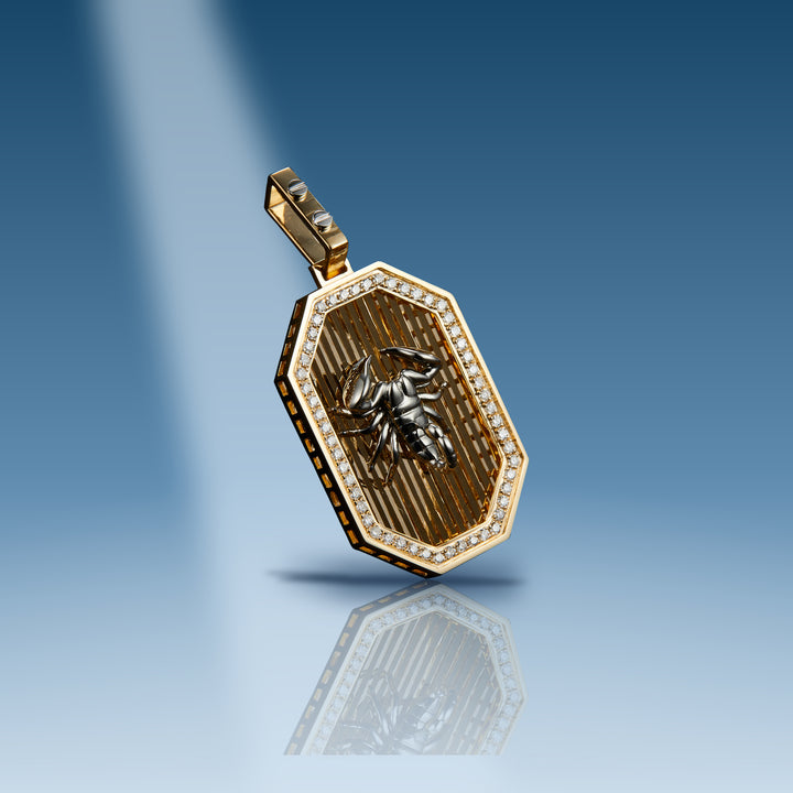 Yellow gold diamond 3D scorpion on solid plate pendant