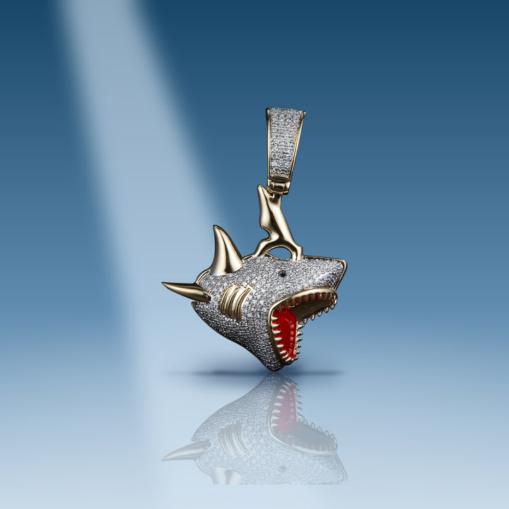 1.036 Ct. Diamond Shark with Red Enamel Mouth Pendant on blue