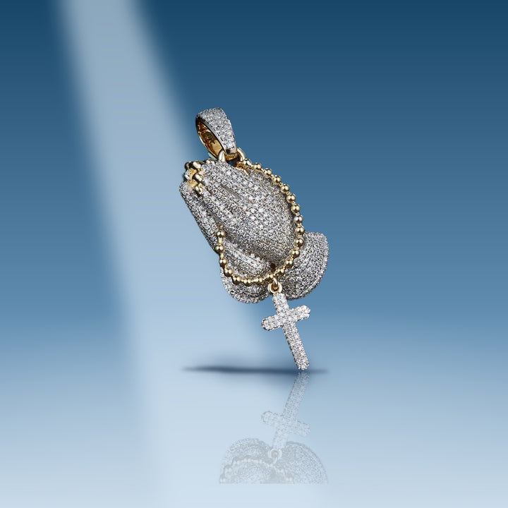 Yellow gold diamond praying hand with rosary & cross pendant