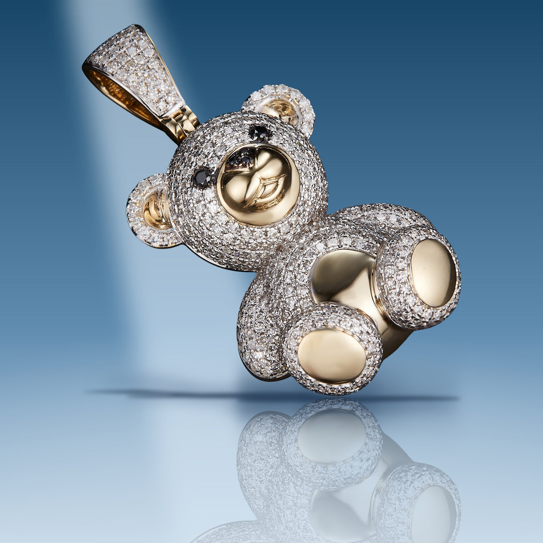 Yellow gold diamond teddy bear with black eyes pendant
