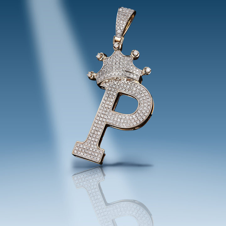 Yellow gold diamond initial letter P with crown pendant
