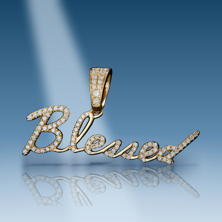 Yellow gold diamond name plate "blessed" pendant