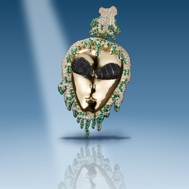 7.939 Ct. Diamond 10 Kt Gold (Yellow). Alien with Black & Green Diamonds Pendant. (Unisex) - Iceberg Diamonds