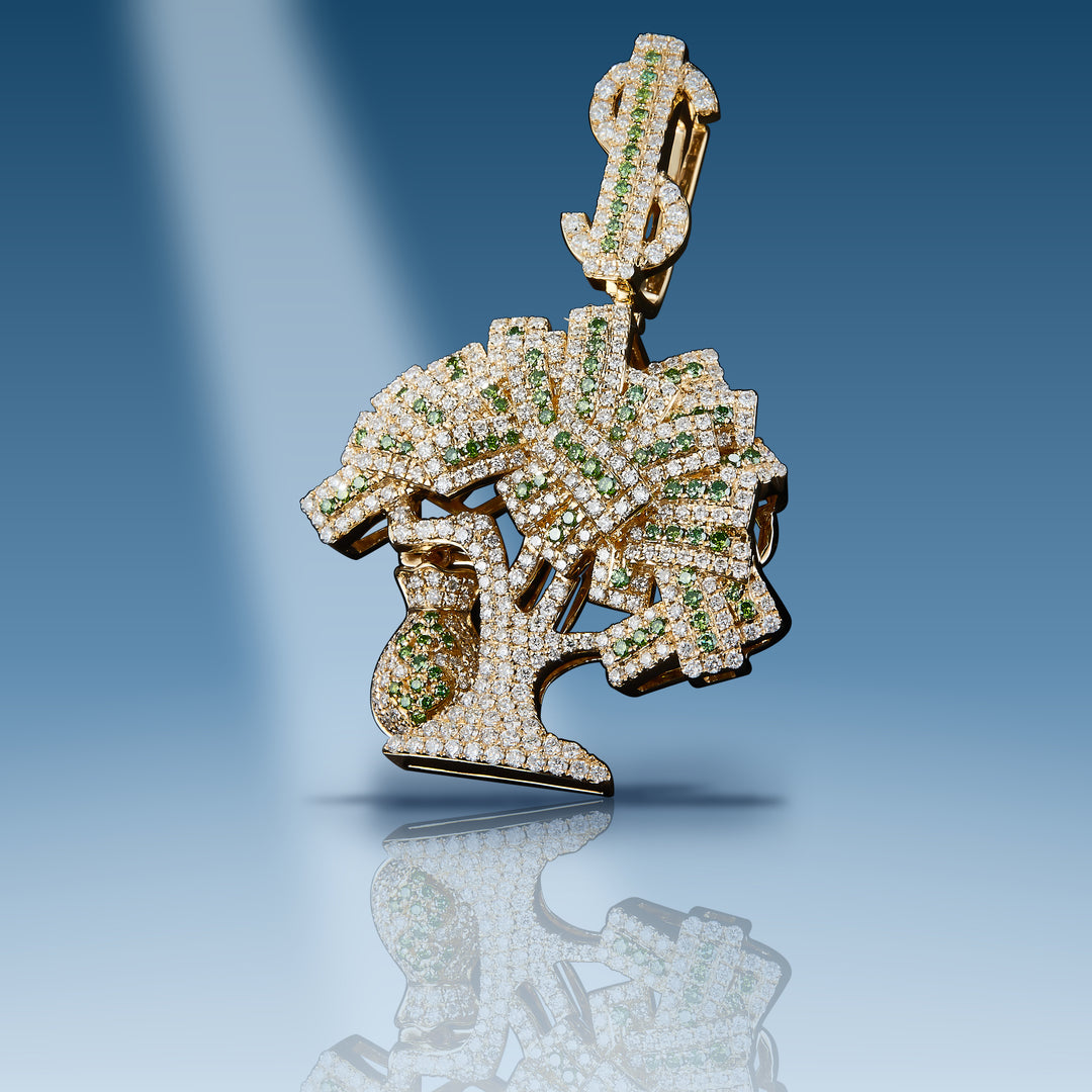 Yellow gold diamond small moneytree with green diamonds pendant
