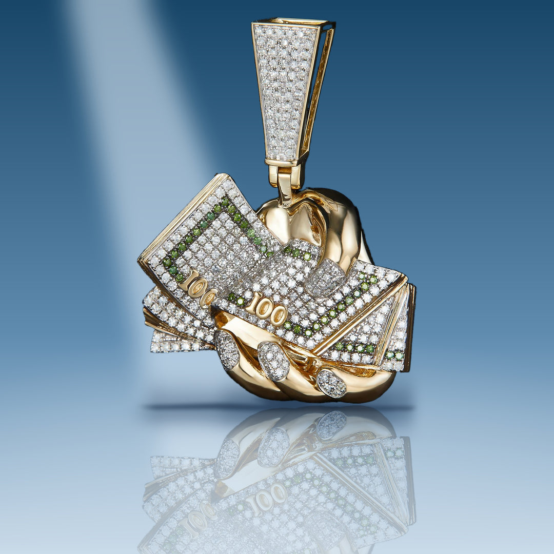 1.004 Ct. Diamond 10 Kt Gold (Yellow). Money in Hand with Green Diamonds Pendant. (Men). - Iceberg Diamonds