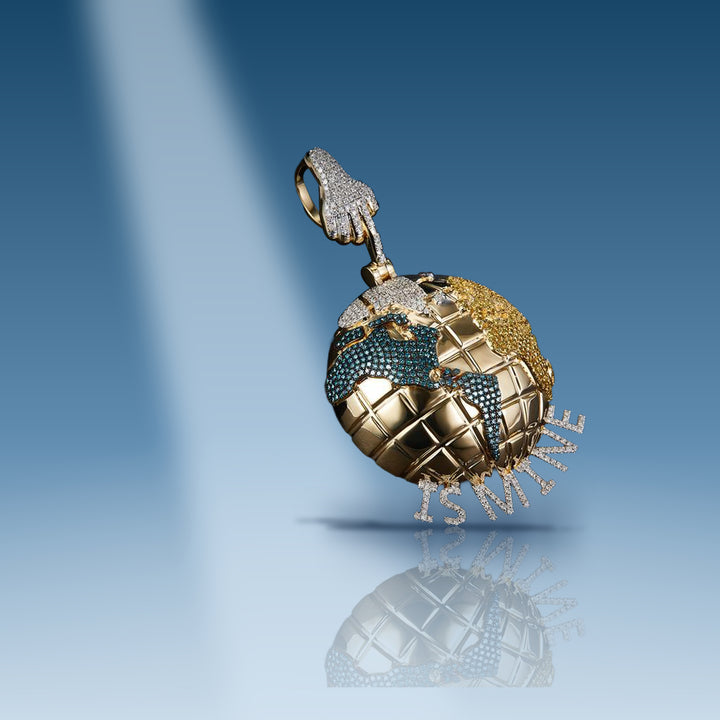 Yellow gold diamond yellow & blue world is mine globe pendant