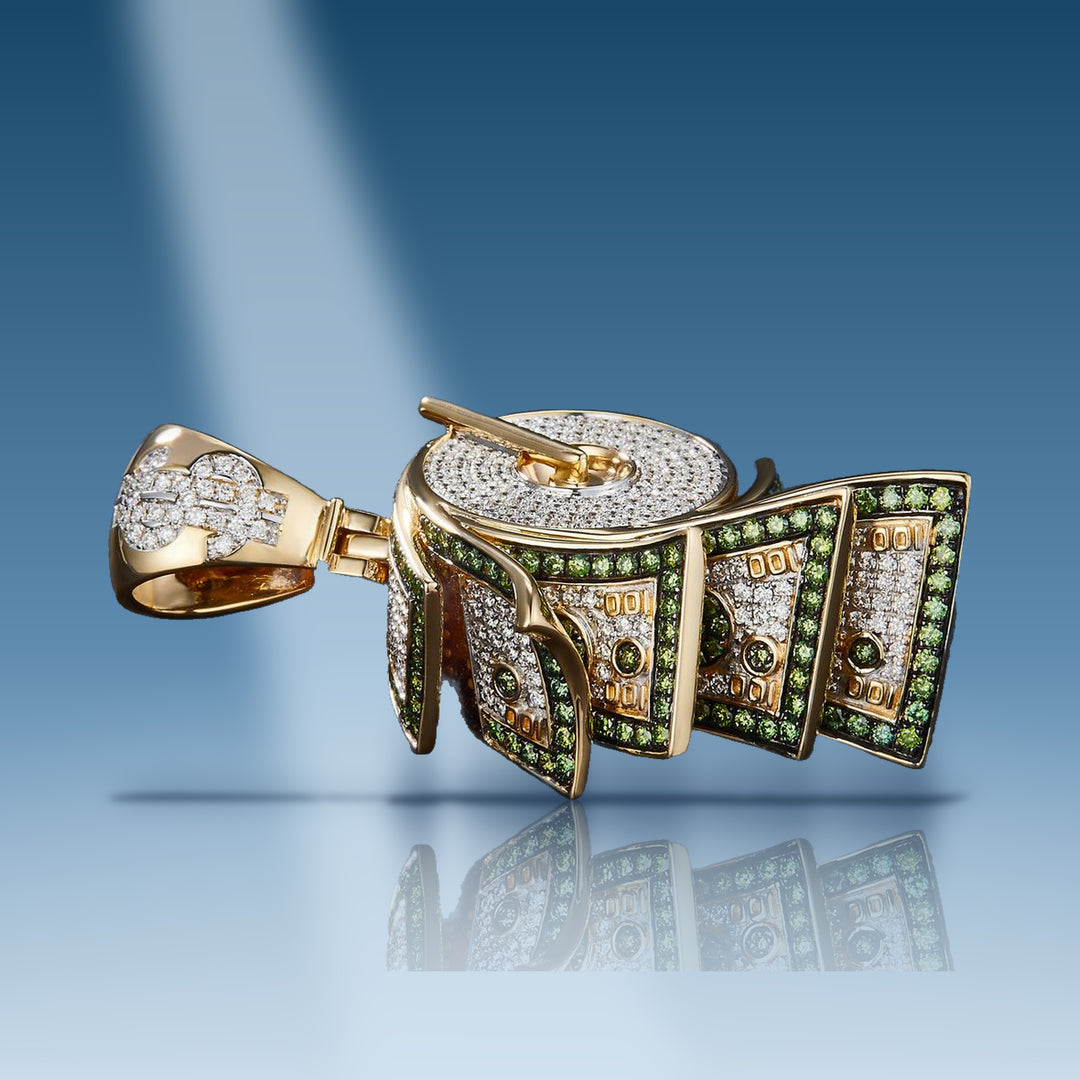 3.95 Ct. Diamond 10 Kt Gold (Yellow). Money Roll with Green Diamonds Pendant. (Men). - Iceberg Diamonds