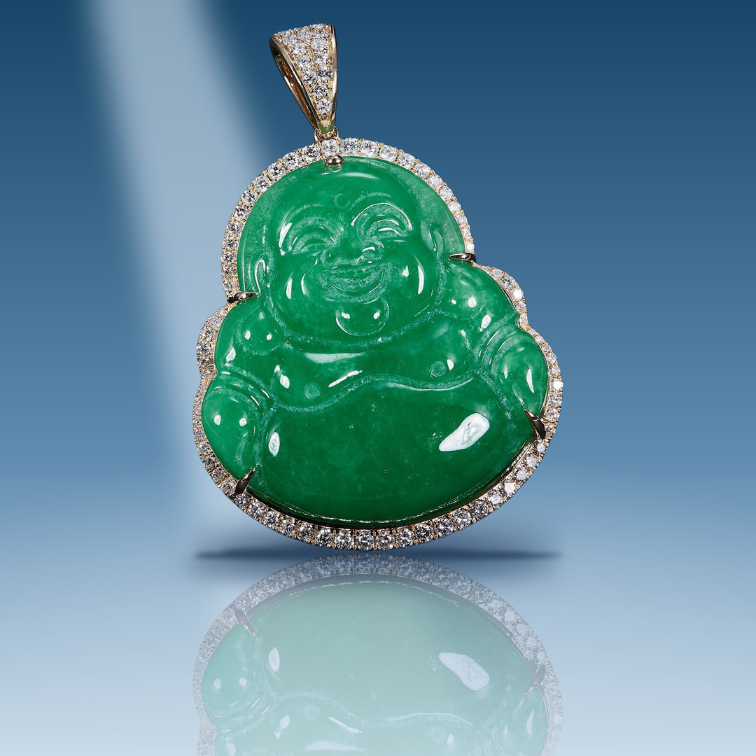 Yellow gold diamond jade Buddha pendant