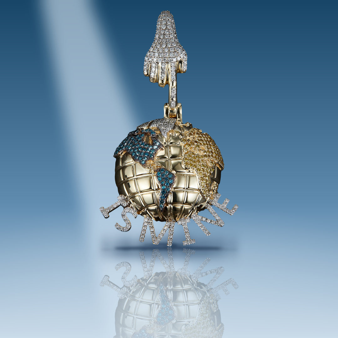 Yellow gold diamond yellow & blue world is mine globe pendant