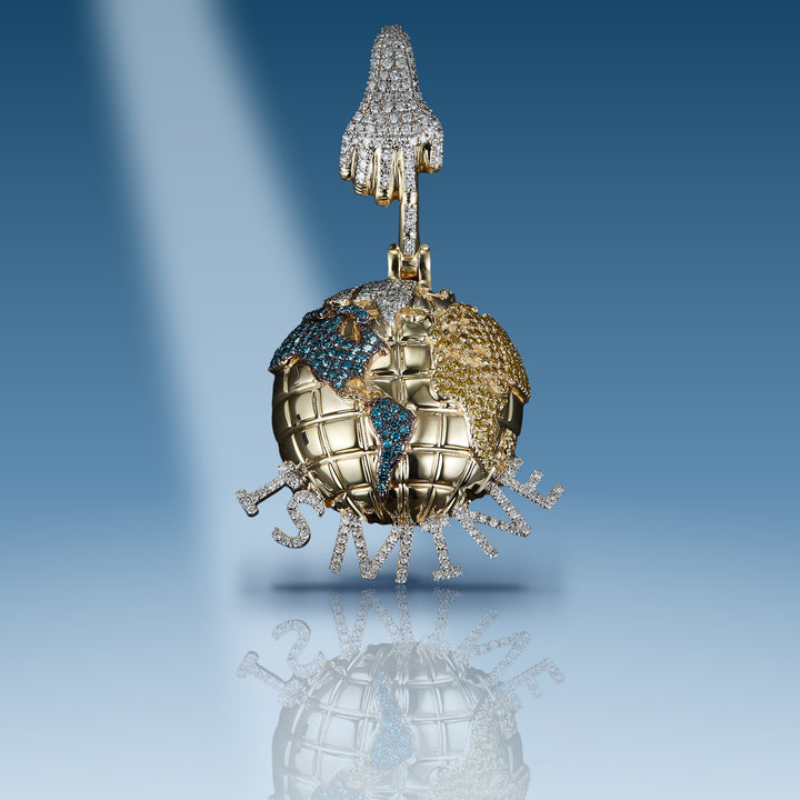 Yellow gold diamond yellow & blue world is mine globe pendant