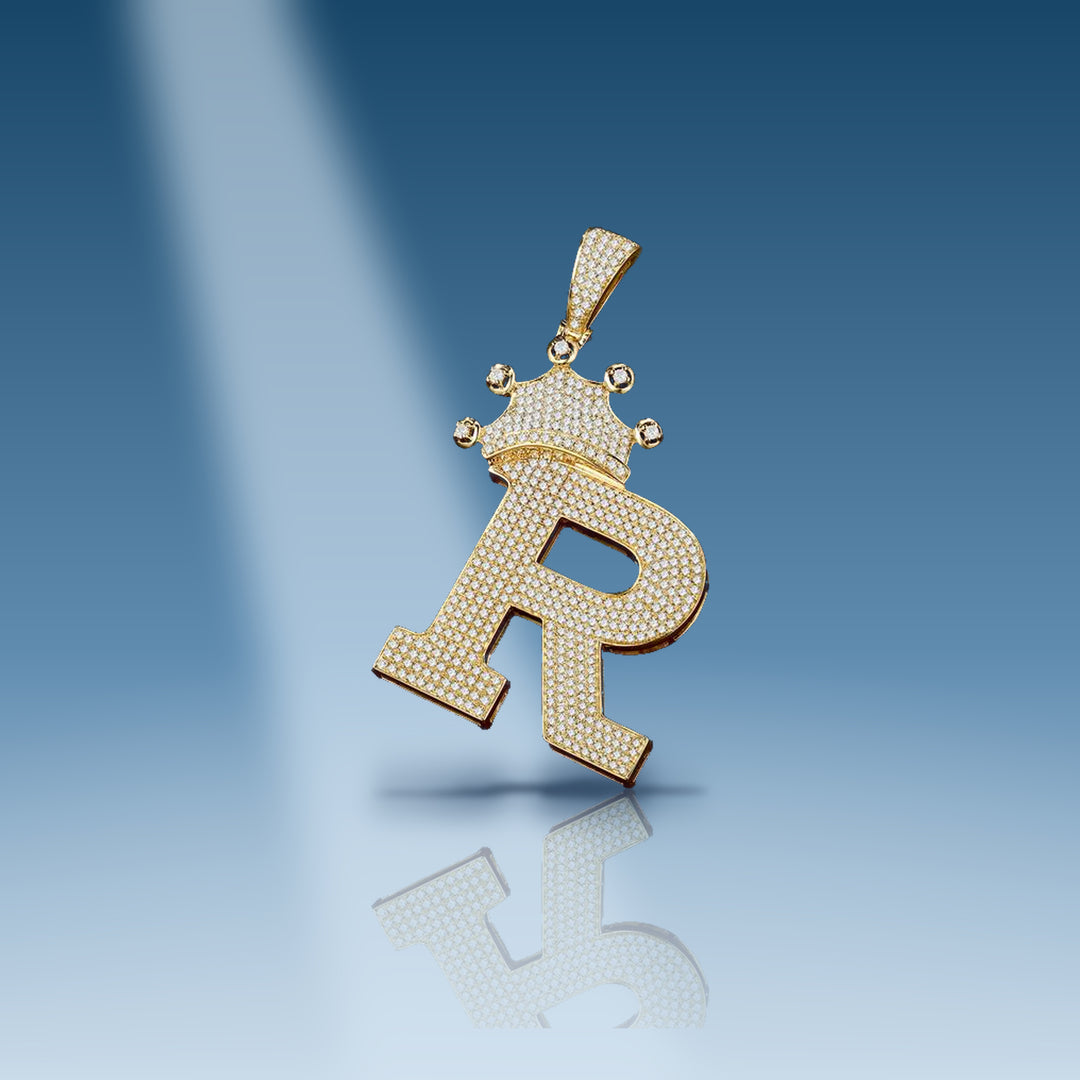 0.71 Ct. Diamond 10 Kt Gold (Yellow). Initial Letter (Alphabet) R with Crown Pendant. (Unisex). - Iceberg Diamonds