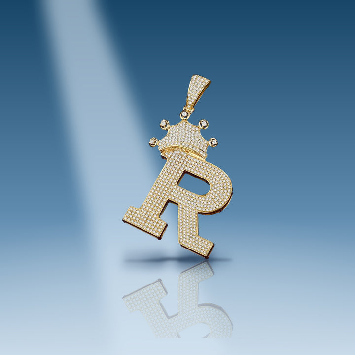 0.71 Ct. Diamond 10 Kt Gold (Yellow). Initial Letter (Alphabet) R with Crown Pendant. (Unisex). - Iceberg Diamonds