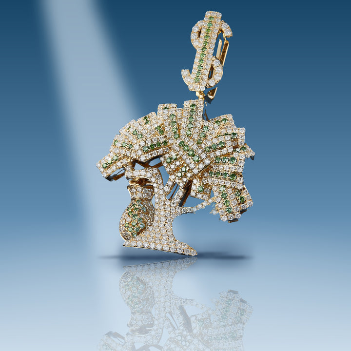 4.08 Ct. Diamond 10 Kt Gold (Yellow). Big Money Tree with Green Diamonds Pendant. (Men). - Iceberg Diamonds