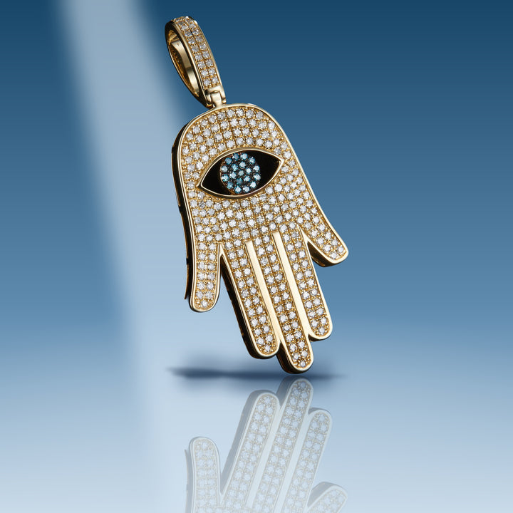 Yellow gold diamond Khamsa with blue eye pendant