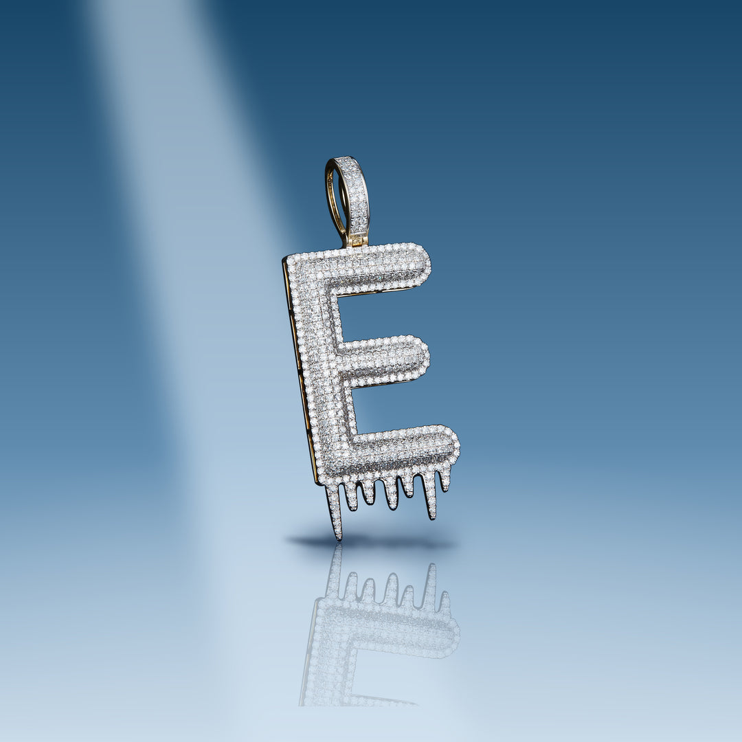Yellow gold diamond initial letter E with drip pendant