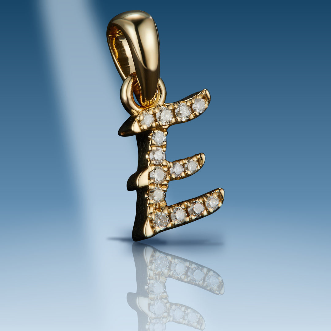 Yellow gold diamond initial letter E pendant