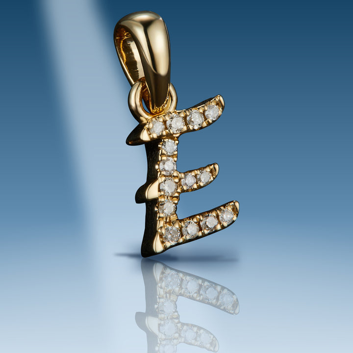 Yellow gold diamond initial letter E pendant