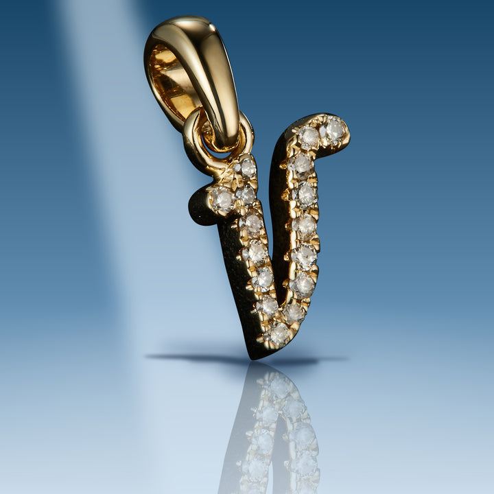 Yellow gold diamond initial letter V pendant