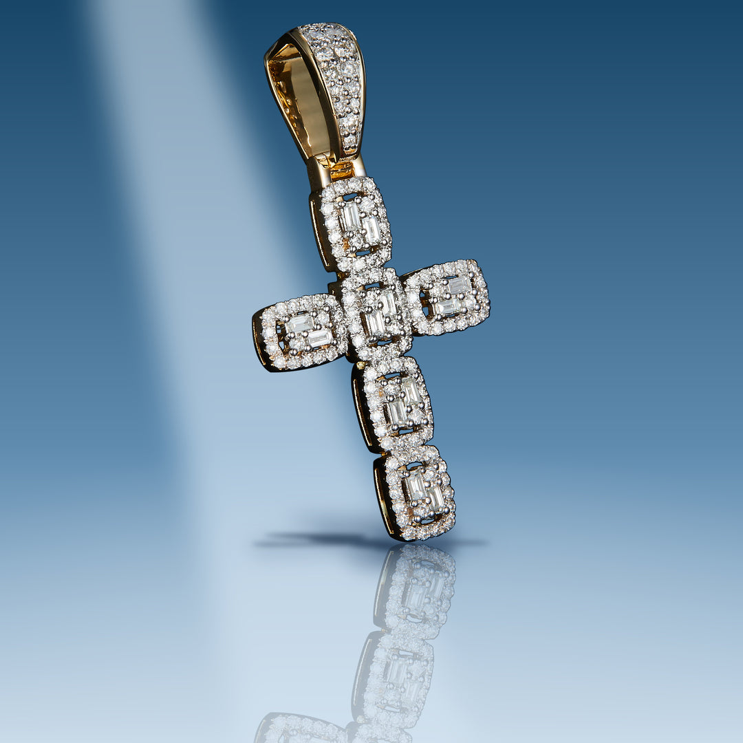 Yellow gold diamond cross with baguettes pendant