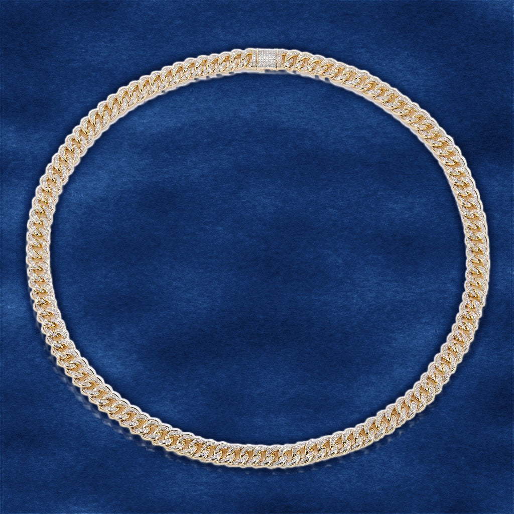 7.44 Ct. Diamond 10 Kt Gold (Yellow). Semi-Solid Cuban Link Chain on blue velvet