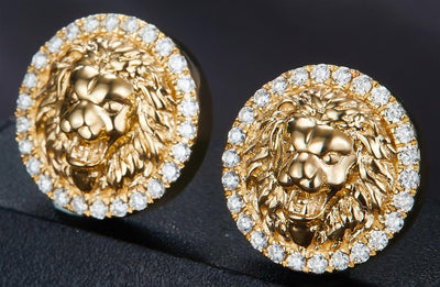 0.4 Carats. Diamonds 10 Kt Gold (Yellow). CUSTOM LION HEAD Earrings. (Unisex).