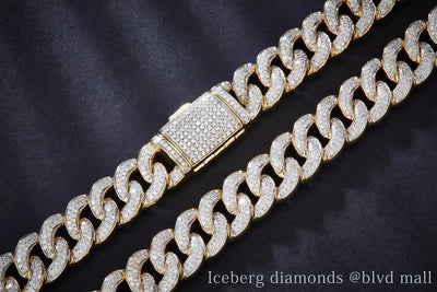 14.39 Ct. Diamond 10 Kt Gold (Yellow). Semi-Solid Cuban Link Chain. (Men). 22 in Long. 12.5 mm Wide