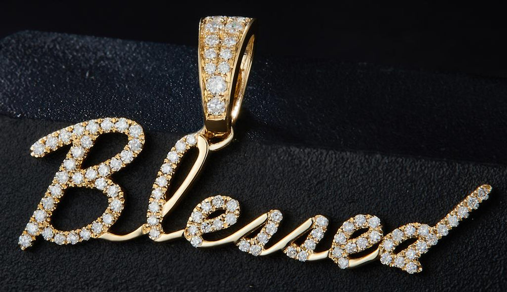 Yellow gold diamond name plate "blessed" pendant