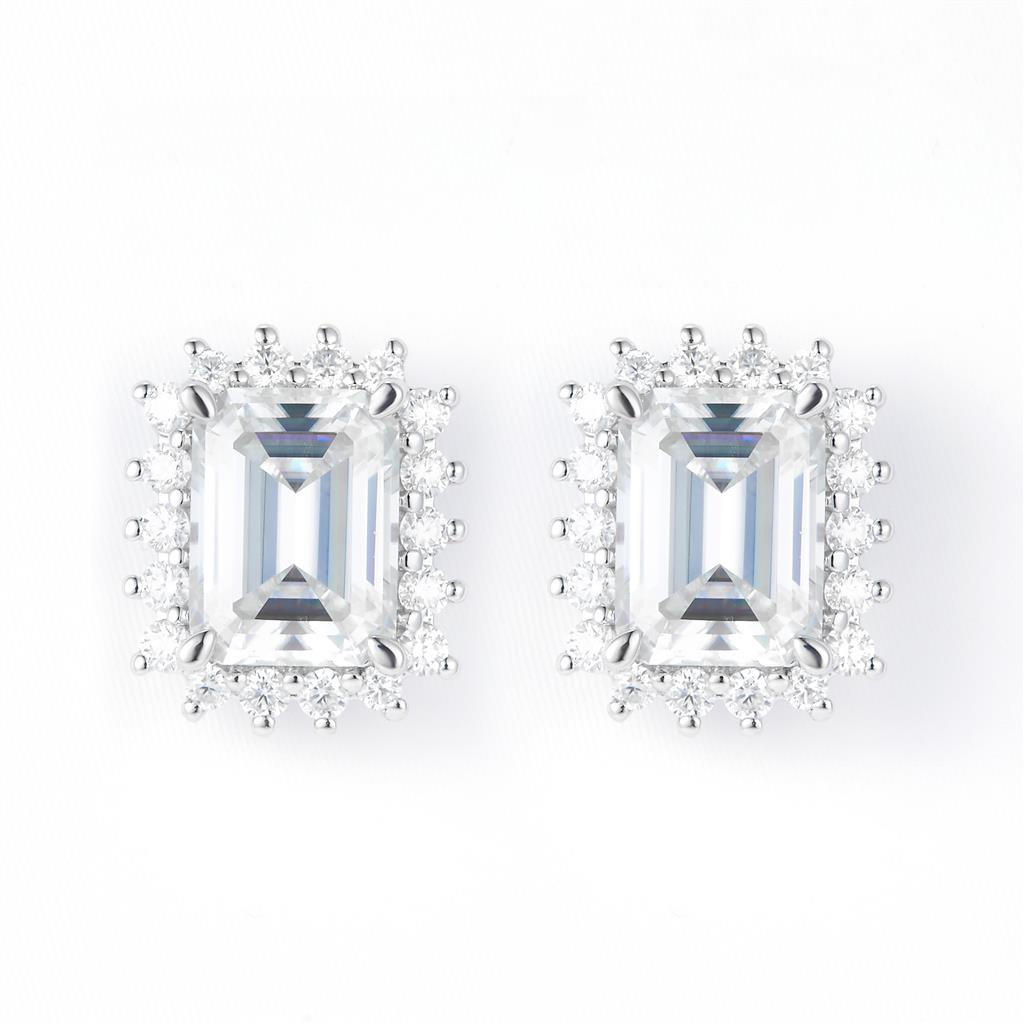 3.68 Ct. Moissanite Sterling Silver (White). Halo Style Solitaire Stud with Emerald Cut Center Stone Earrings. (Women).