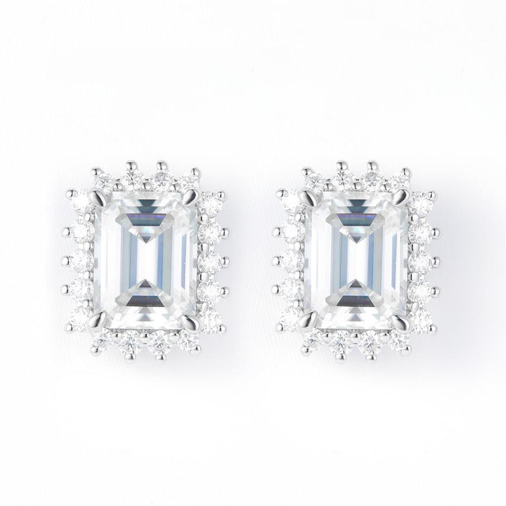 3.68 Ct. Moissanite Sterling Silver (White). Halo Style Solitaire Stud with Emerald Cut Center Stone Earrings. (Women).