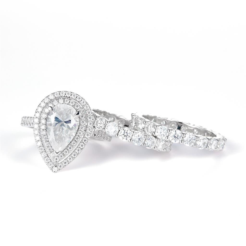 7.348 Ct. Moissanite Sterling Silver (White). Wedding Trio Set with Pear Shape Center Stone Ring. (Women). Size 7.5