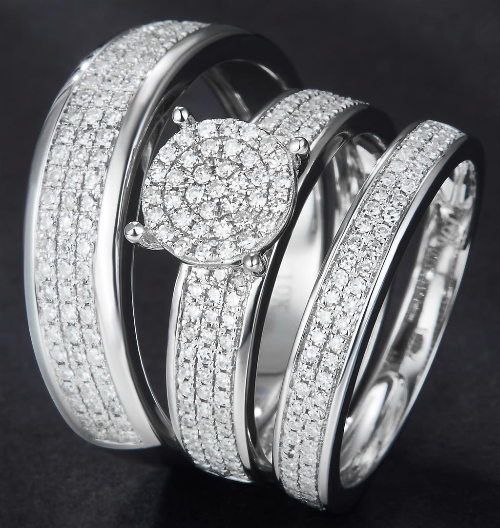 0.938 Ct. Diamond 10 Kt Gold (White). Trio Set (Mens Band Size 10, Women Engag & Band) Wedding Set. Size 7.5