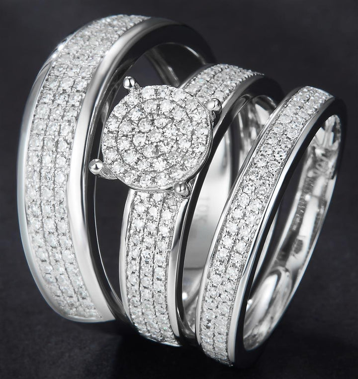 0.948 Ct. Diamond 14 Kt Gold (White). Trio Set (Mens Band Size 10, Women Engag & Band) Wedding Set. Size 7.5