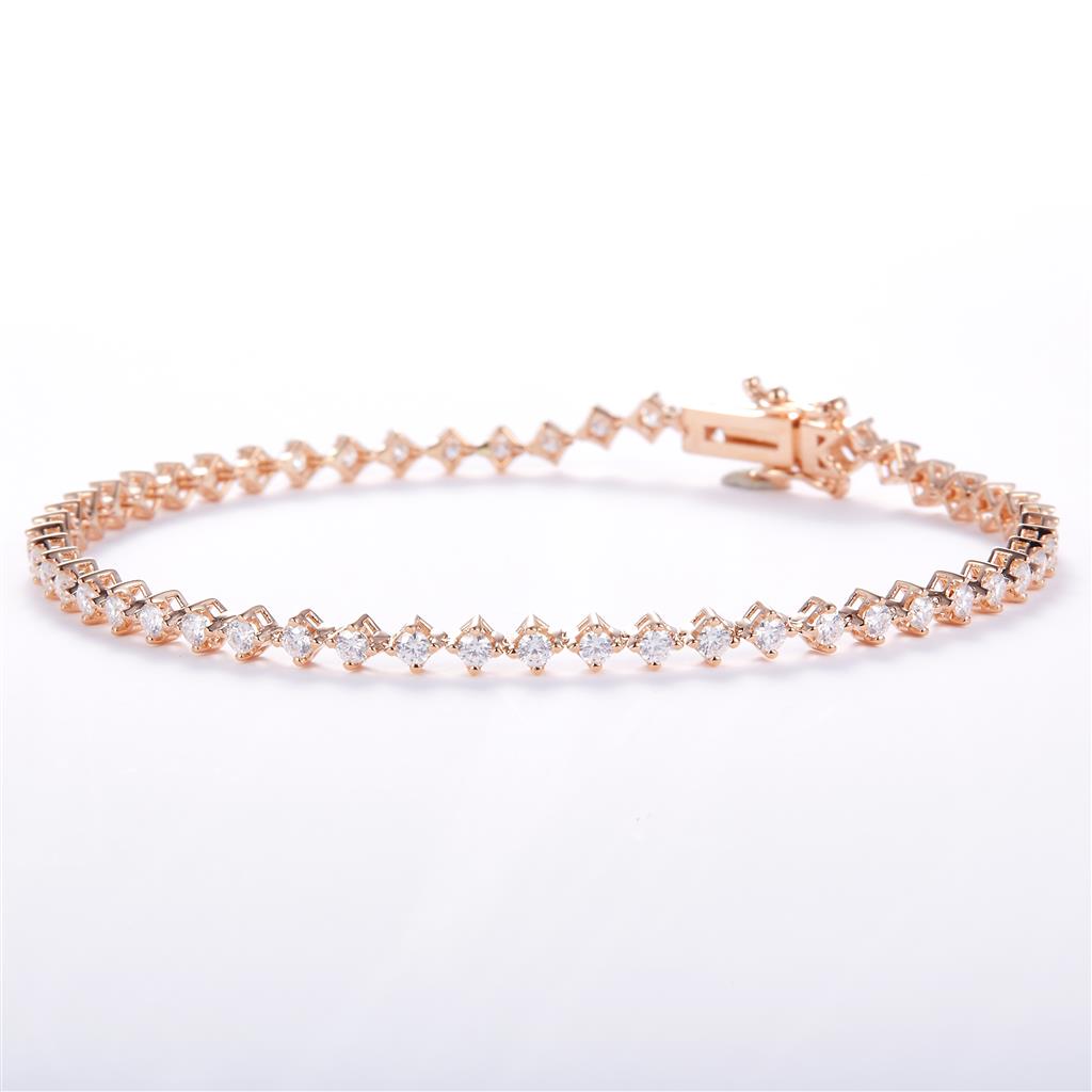 1.74 Ct. Moissanite 14 Kt Gold (Rosé). Tennis Diamond Shape-Style Bracelet. (Women). 7 in Long. 3 mm Wide