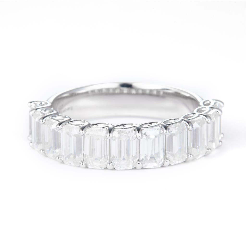 6.315 Ct. Moissanite Sterling Silver (White). Wedding Band with Emerald Cut Stones Ring. (Women). Size 7.5