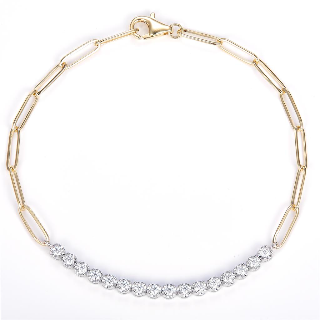 0.53 Ct. Moissanite 14 Kt Gold (Yellow and White). Paper Clip Link-Tennis Bracelet. (Women). 7 in Long. 3 mm Wide
