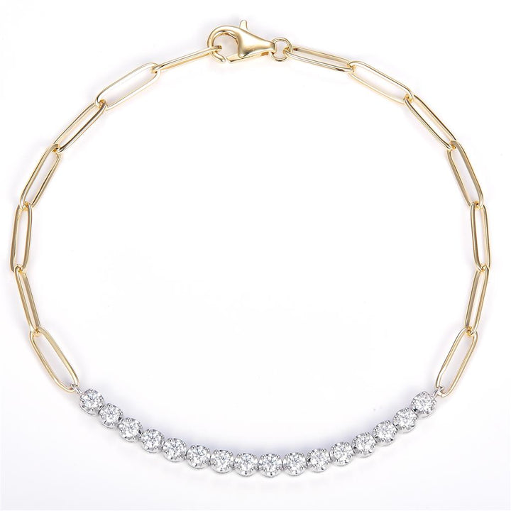 0.53 Ct. Moissanite 14 Kt Gold (Yellow and White). Paper Clip Link-Tennis Bracelet. (Women). 7 in Long. 3 mm Wide