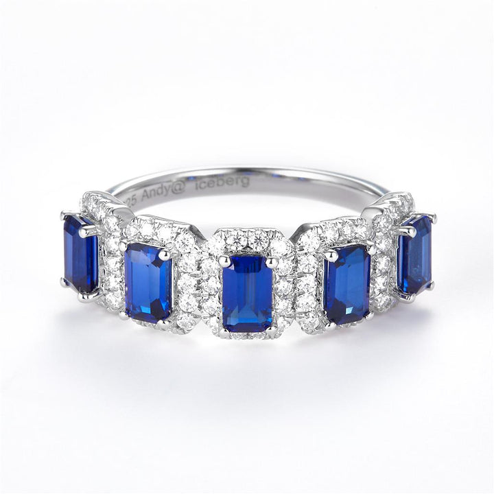 2.27 Ct. Moissanite Sterling Silver (White). Wedding Band with Emerald Cut Simulant Blue Sapphire Stones Ring. (Women). Size 7.5