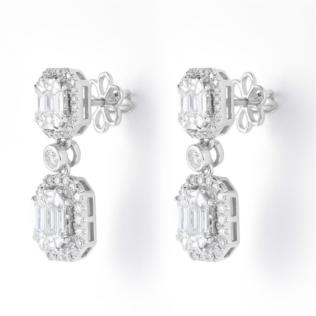 3 Ct. Diamond 18 Kt Gold (White). Emerald & Pie Cut Royalty/Princess Style Dangling Earrings. (Women).