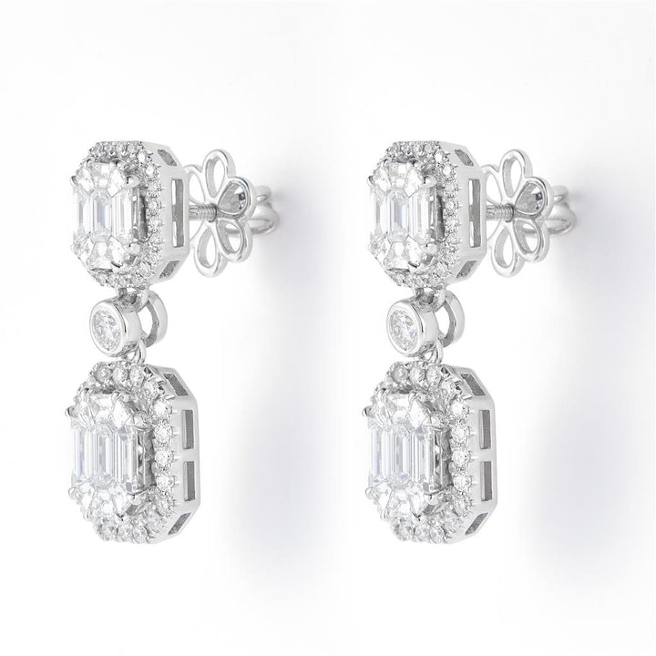 3 Ct. Diamond 18 Kt Gold (White). Emerald & Pie Cut Royalty/Princess Style Dangling Earrings. (Women).