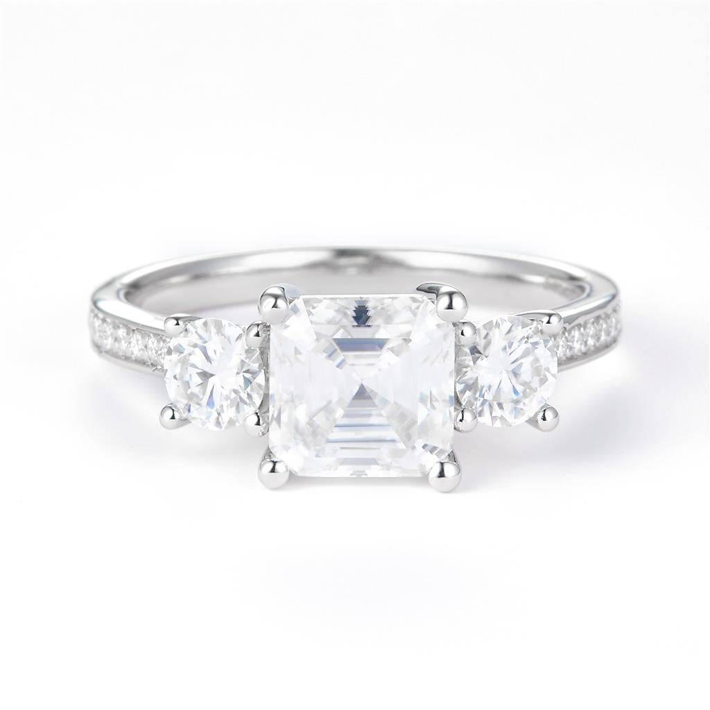 2.7 Ct. Moissanite Sterling Silver (White). 3-Stone Style with Asscher Cut Center Stone Ring. (Women). Size 7.5