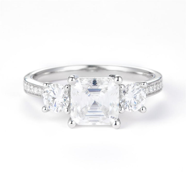 2.7 Ct. Moissanite Sterling Silver (White). 3-Stone Style with Asscher Cut Center Stone Ring. (Women). Size 7.5