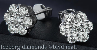 1.305 Ct. Diamond 14 Kt Gold (White). Flower Style Studs Earrings. (Unisex).
