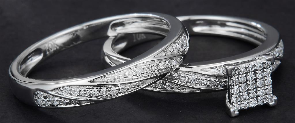 0.404 Ct. Diamond 10 Kt Gold (White). Trio Set (Mens Band Size 10, Women Engag & Band) Wedding Set. Size 7.5
