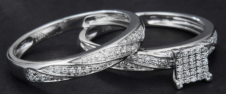 0.404 Ct. Diamond 10 Kt Gold (White). Trio Set (Mens Band Size 10, Women Engag & Band) Wedding Set. Size 7.5