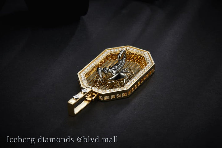 0.52 Ct. Diamond 14 Kt Gold (Yellow). 3D Scorpian on Solid Plate with Diamond Bezel Pendant. (Men).