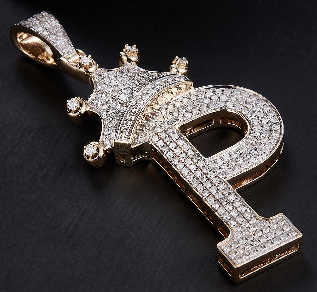 1 Ct. Diamond 10 Kt Gold (Yellow). Initial Letter (Alphabet) P with Crown Pendant. (Unisex).