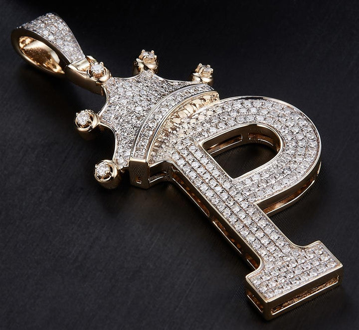 1 Ct. Diamond 10 Kt Gold (Yellow). Initial Letter (Alphabet) P with Crown Pendant. (Unisex).